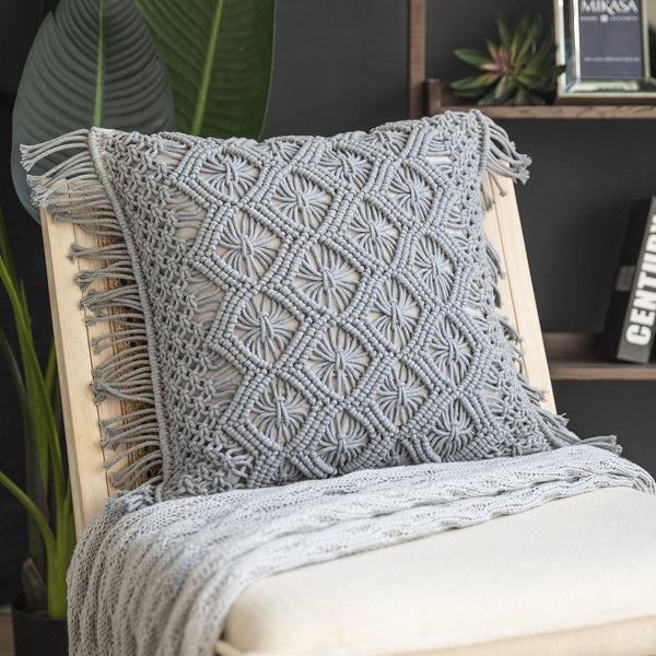 100% Cotton Handmade Crochet with Tassels Throw Pillow Gray 18"x18"