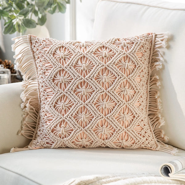 100% Cotton Handmade Crochet with Tassels Throw Pillow Pink 18"x18"