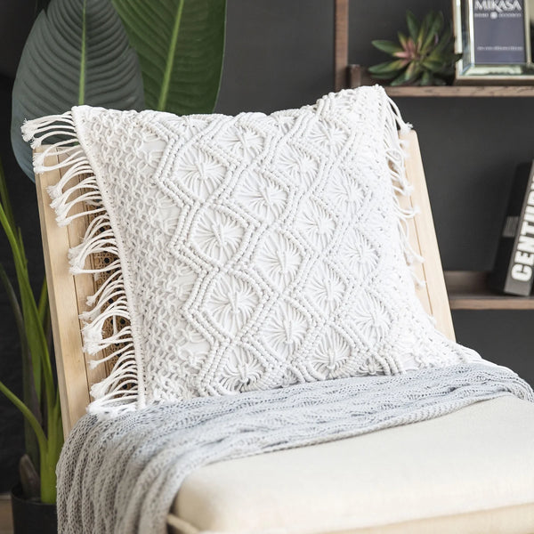 100% Cotton Handmade Crochet with Tassels Throw Pillow White  18"x18"