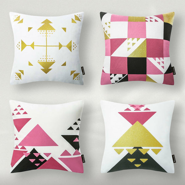 4 Pack Geometric 100% Cotton Throw Pillow Cover Pink 18"x18"