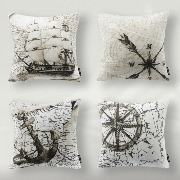 4 Pack Ocean Series Throw Pillow Cover Beige Navigation 18"x18"