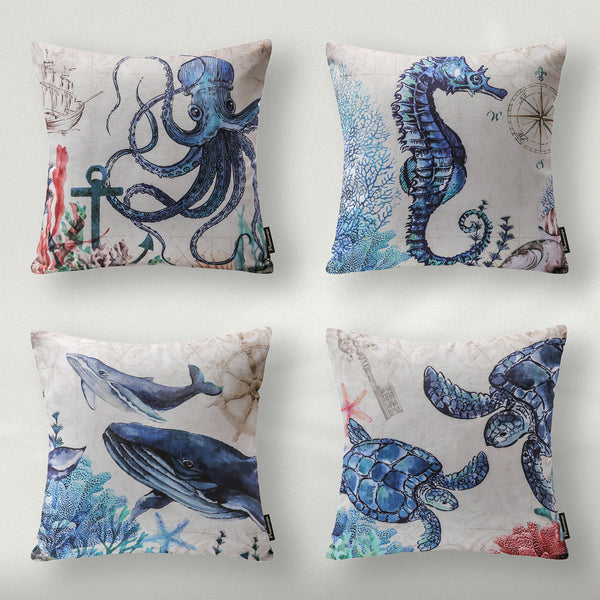 4 Pack Ocean Series Throw Pillow Cover Blue Marine Animals 18"x18"