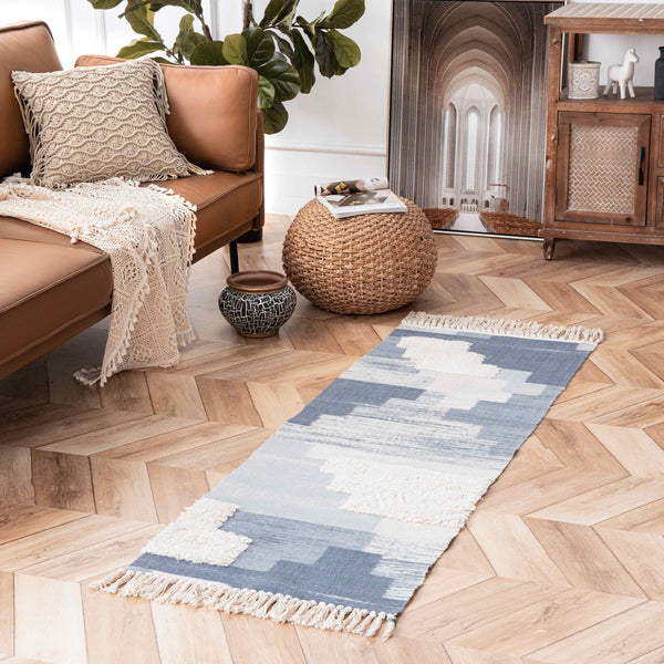 Bohemian Tufted Fringed Tassel Area Rug Blue