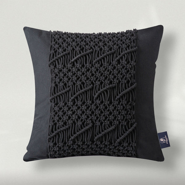 Cotton Handmade Crochet Woven Boho Throw Pillow Black 18"x18"