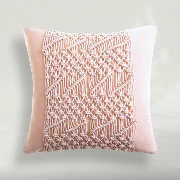 Cotton Handmade Crochet Woven Boho Throw Pillow Pink 18"x18"