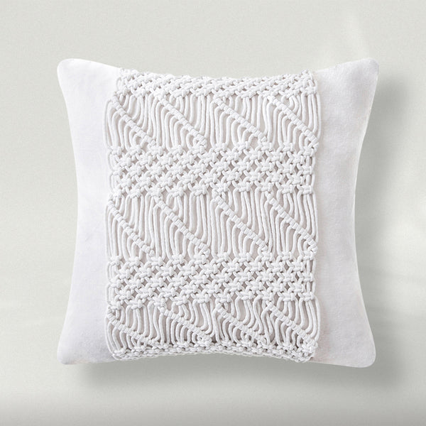 Cotton Handmade Crochet Woven Boho Throw Pillow White 18"x18"