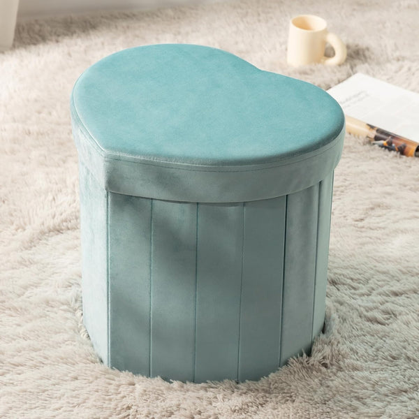 Heart Shaped Velvet Foldable Storage Ottoman Blue 25 Liters