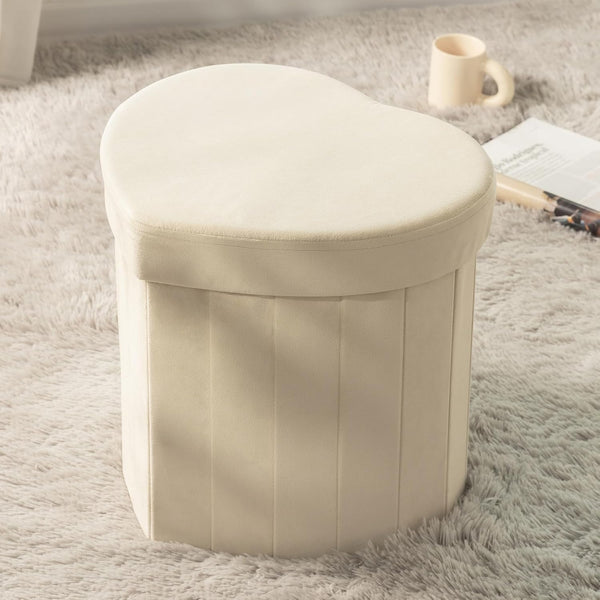 Heart Shaped Velvet Foldable Storage Ottoman Off White 25 Liters