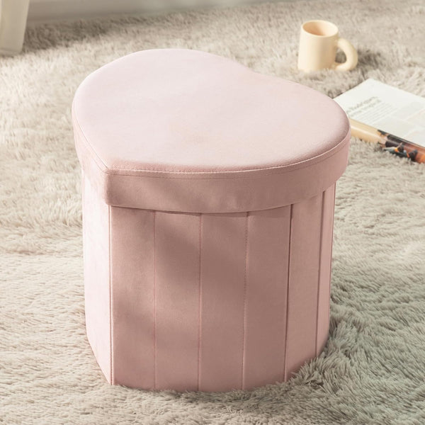 Heart Shaped Velvet Foldable Storage Ottoman Pink 25 Liters