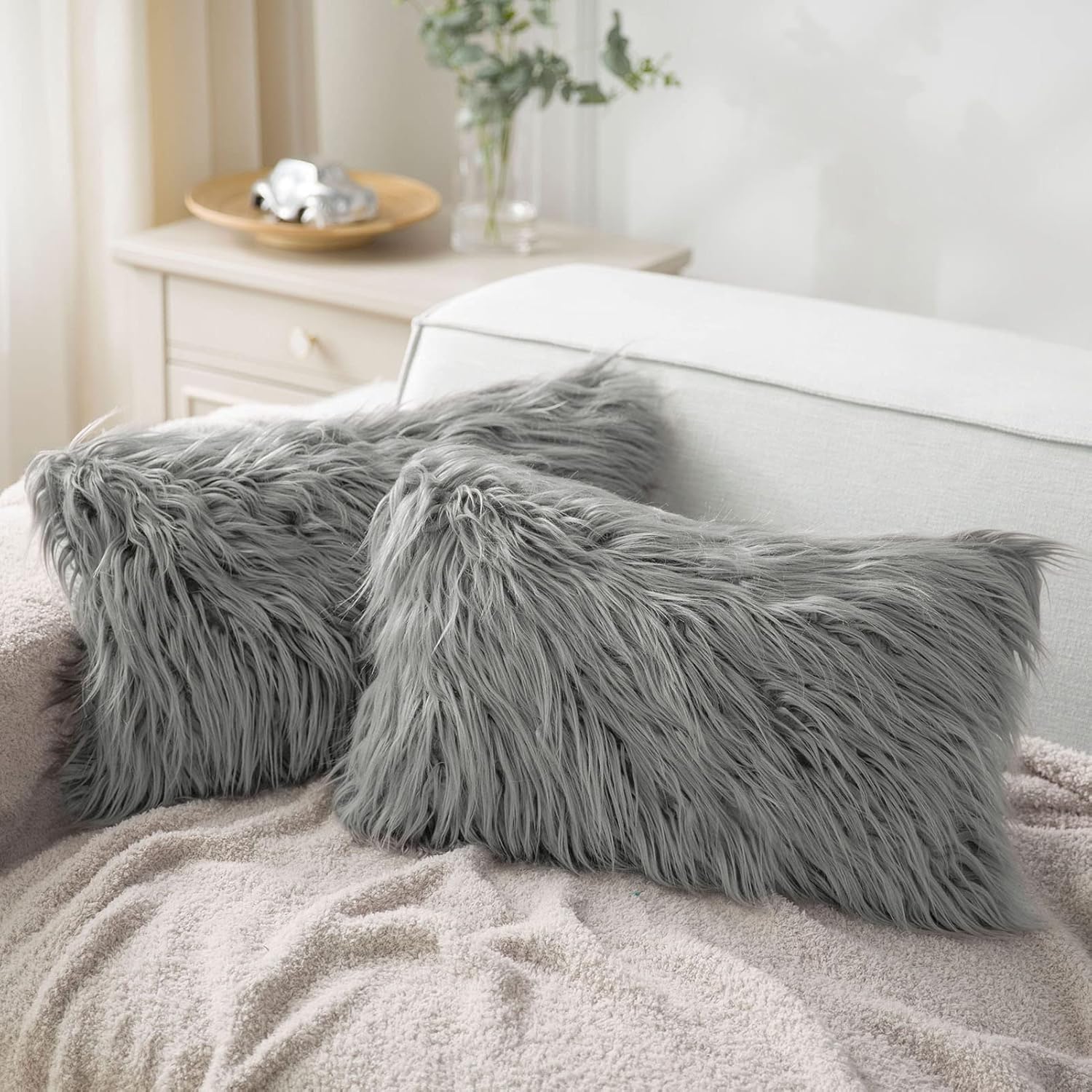 Pack of 2 Luxury Soft Decorative Faux Fur Throw Pillows 12