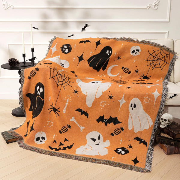 Soft Jacquard Spooky Halloween Throw Blankets with Fringe 50"x60"