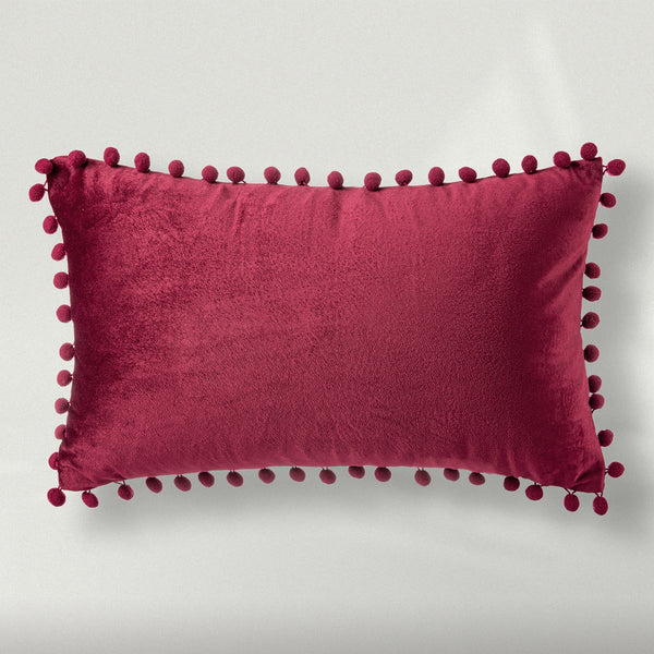 Silky Velvet Series Pom Pom Decorative Pillow Cover Red