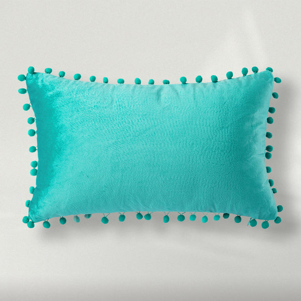 Silky Velvet Series Pom Pom Pillow Cover Turquoise 12"x20"