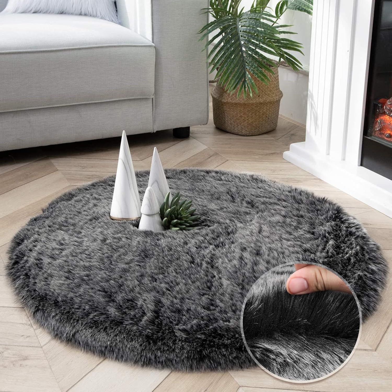 Large Fur Rug Ultra-Soft Faux Fox Fur Rug Black 3x3 ft Round – Phantoscope Co