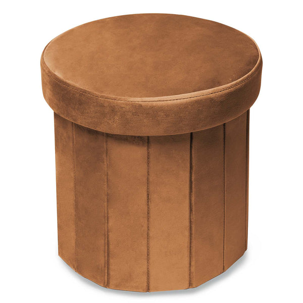 Velvet Folding Storage Ottoman Brown Round 15 Inch