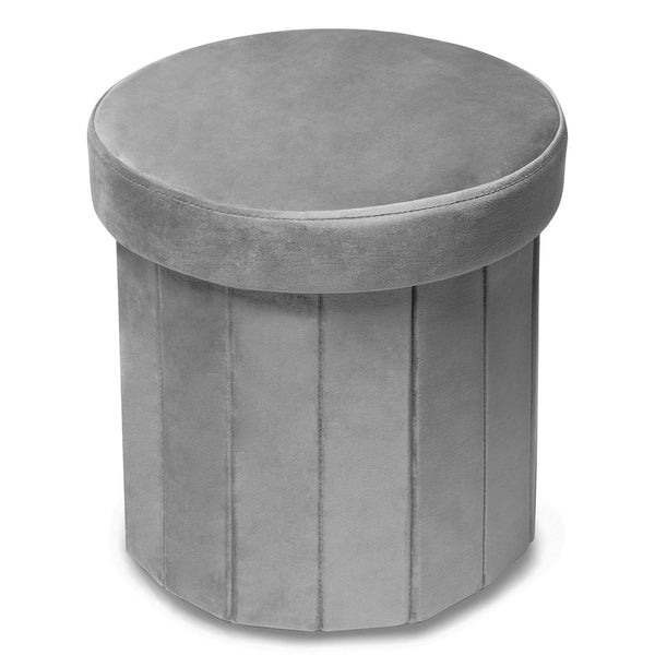 Velvet Folding Storage Ottoman Gray Round 15 Inch