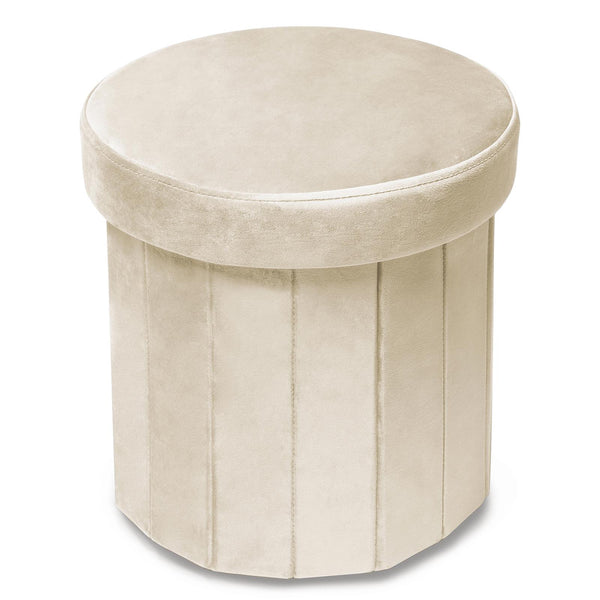 Velvet Folding Storage Ottoman White Round 15 Inch