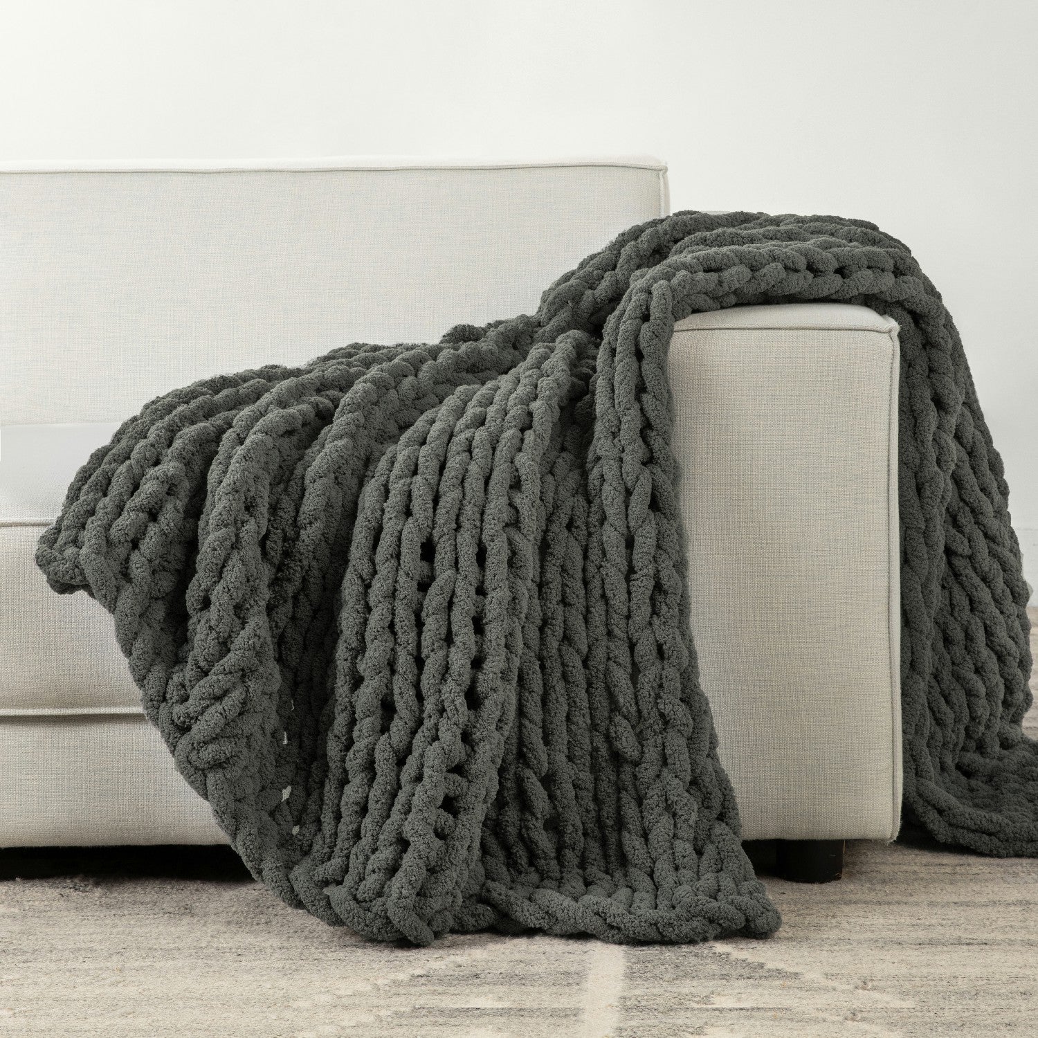 Fishbone Thick Thread Knitted Blanket, 51*63in / Dark Gray