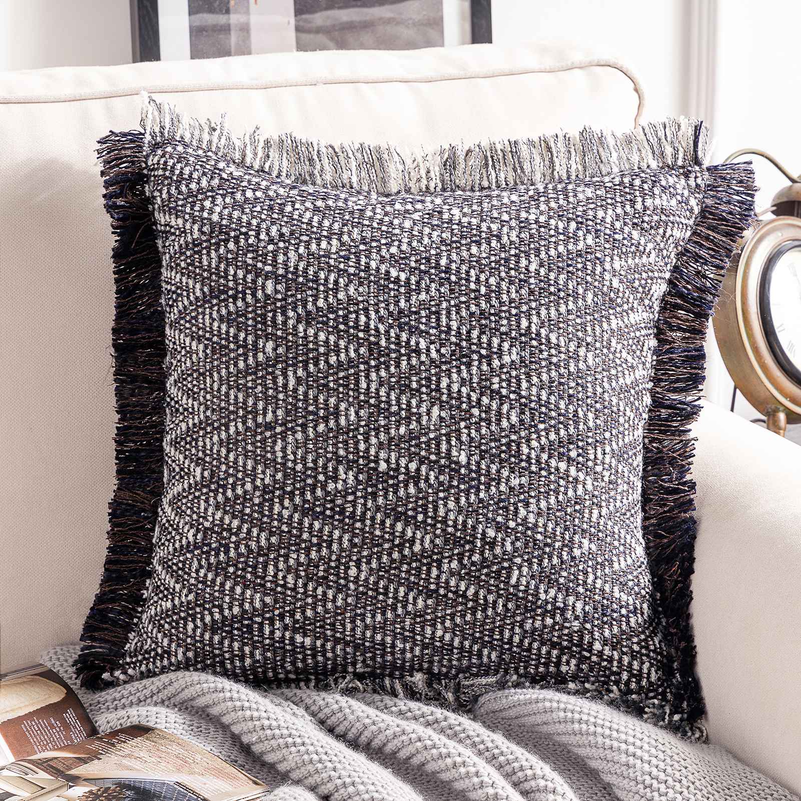 Phantoscope 100% Cotton Handmade Crochet Boho Series with Invisible Zipper Throw Pillow, 18 inch x 18 inch, Gray, 1 Pack